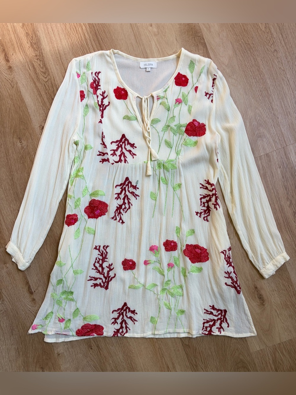 Boho Floral Embroidered Peasant Mini Dress Tunic Pockets Velzera Small